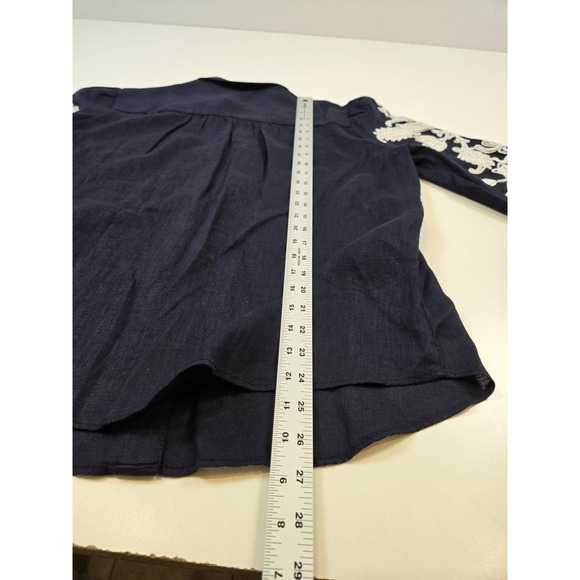 Chicos Linen Blouse Womens Size 2 12 Classic Navy Embroidered Ruffle Sleeve - Picture 10 of 13